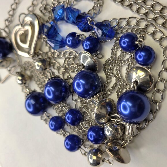 Multistrand Blue Silver Long Necklace - Picture 5 of 9